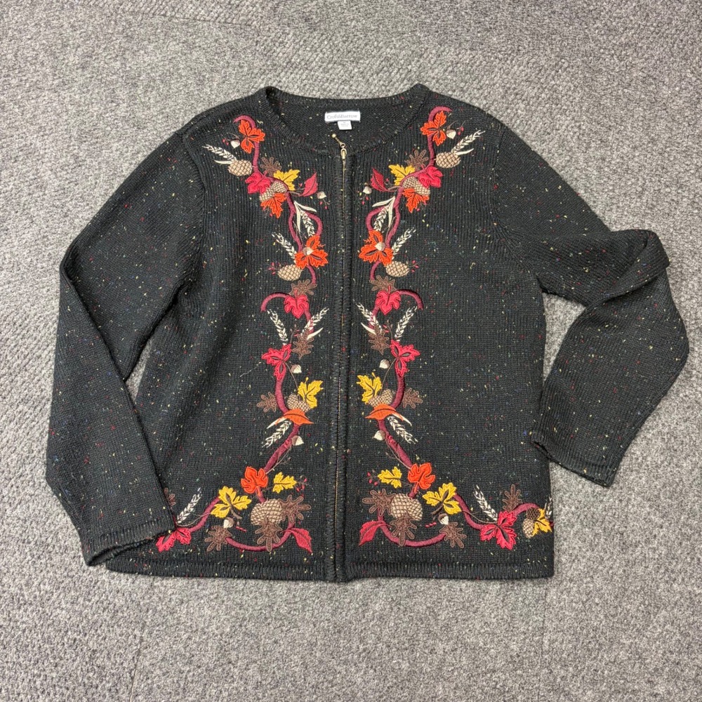 Croft & Barrow Womens Medium Grey Confetti Fall Embroidered Zip Cardigan Sweater